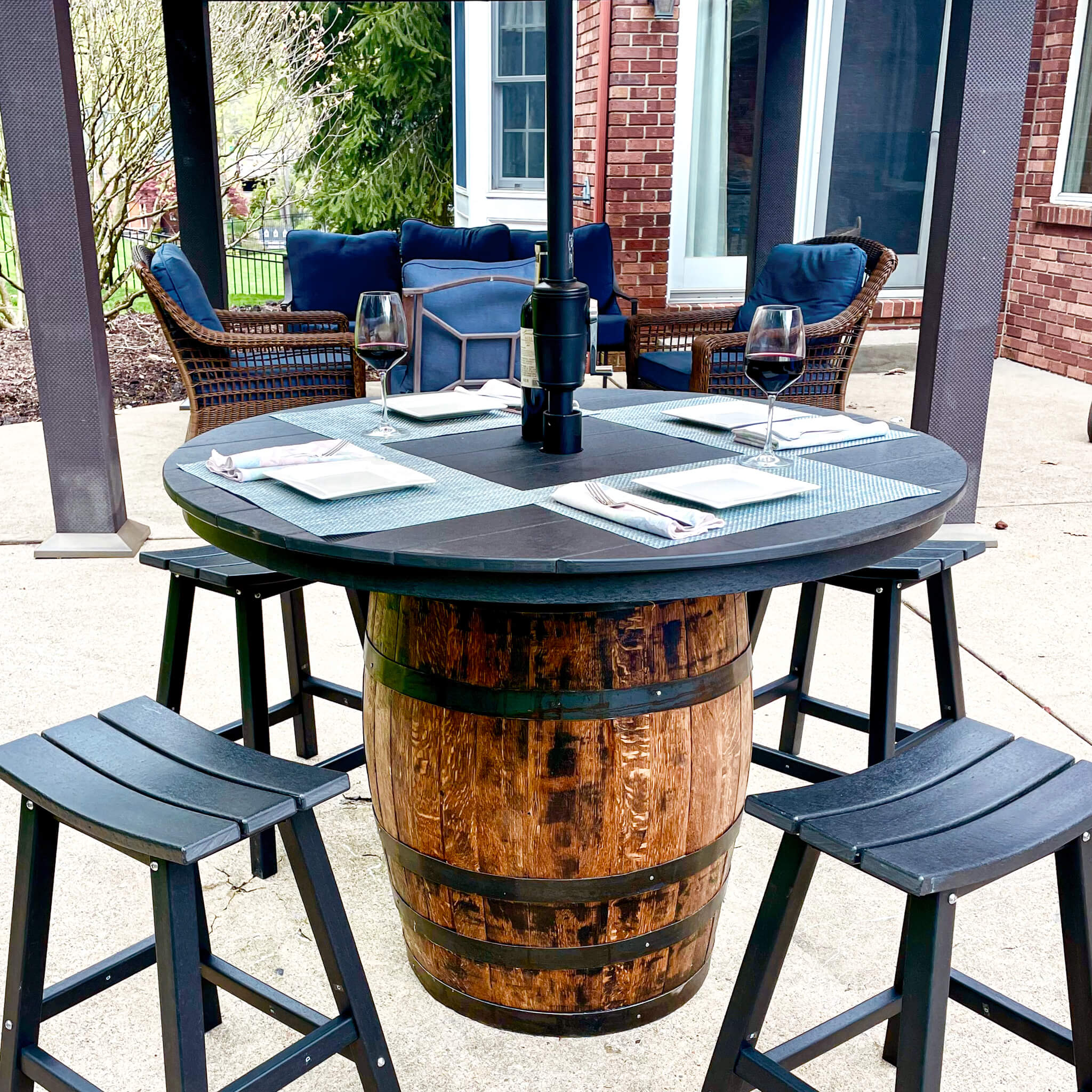 Outdoor Whiskey Barrel Pub Tables With 4 Poly Lumber Stools Set