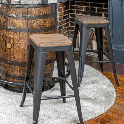 Black Metal Stools w/ Solid Wood Seat