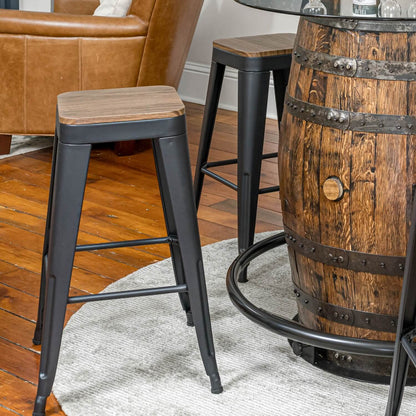 Black Metal Stools w/ Solid Wood Seat