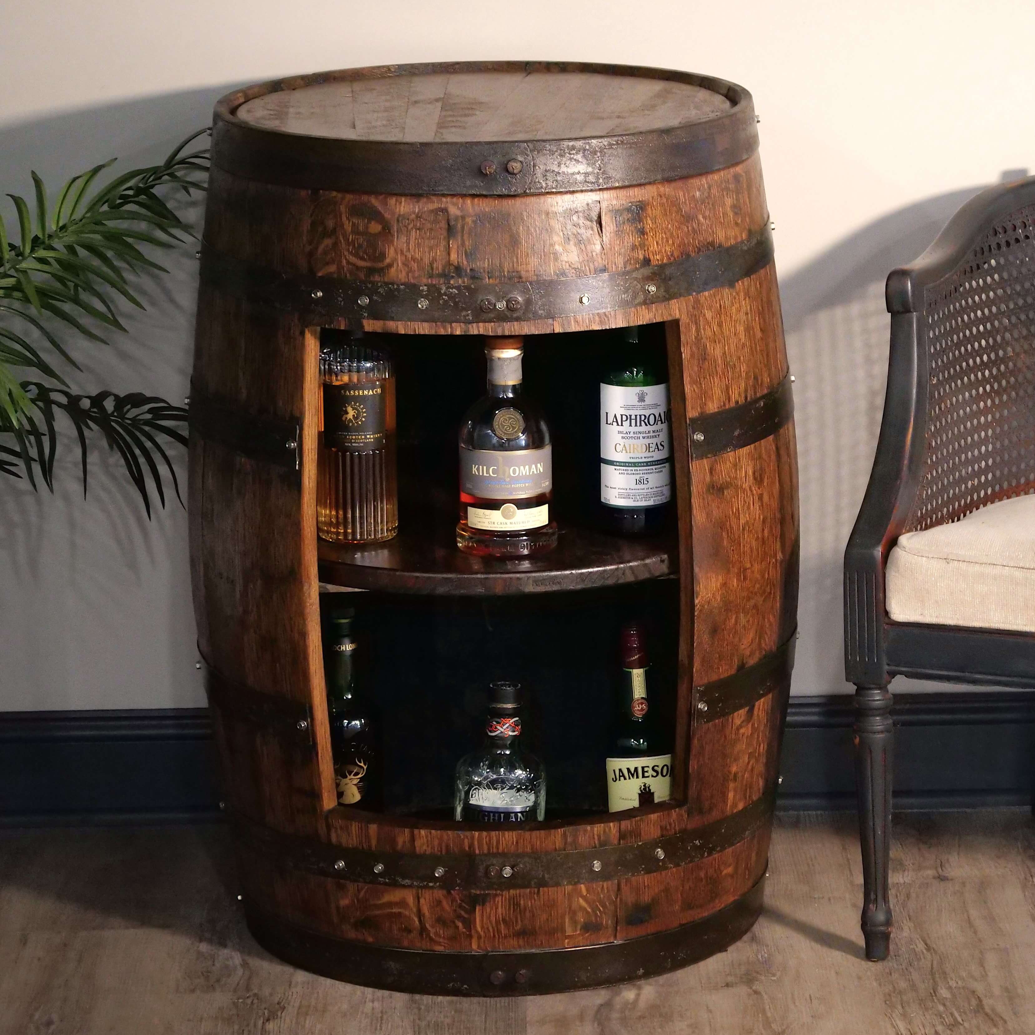 Whiskey barrel display discount cabinet